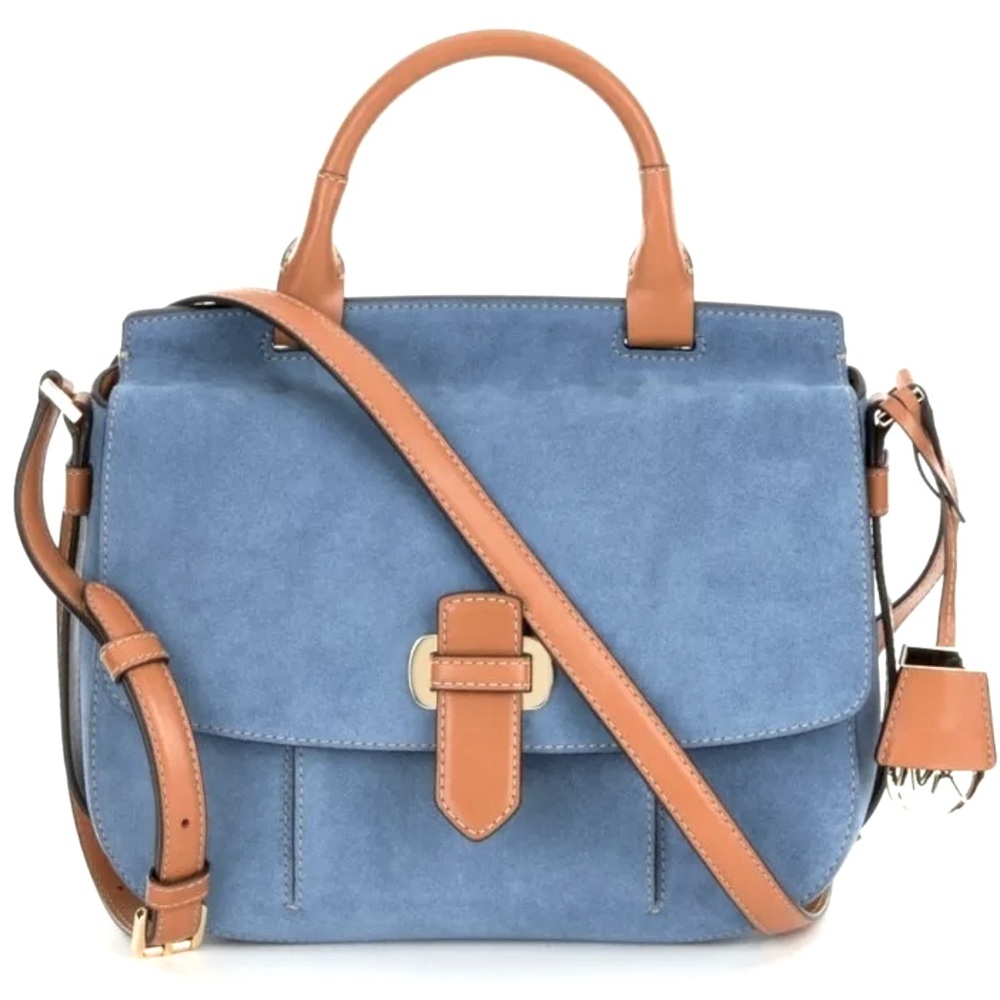 MICHAEL KORS ROMY DENIM BLUE SUEDE BROWN CROSSBODY MESSENGER BAG SATCHEL